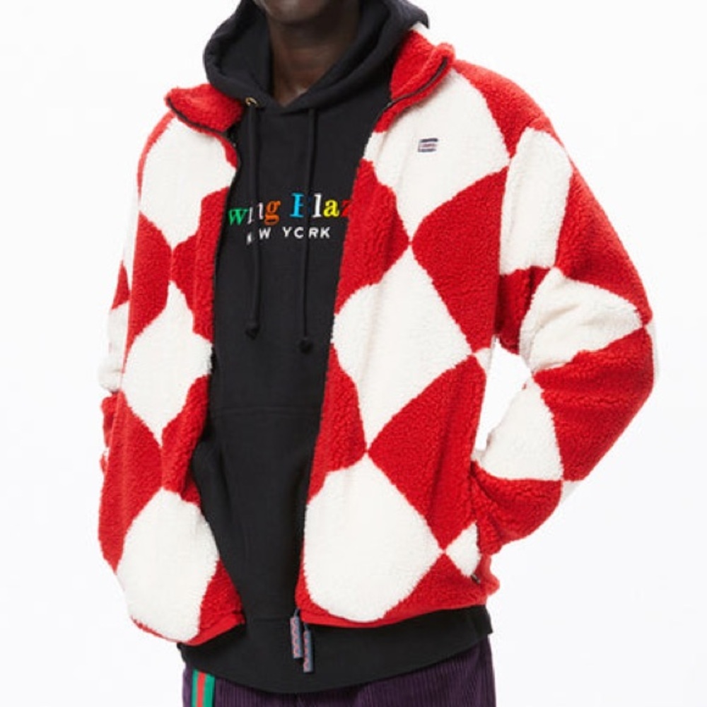 Rowing Blazers Harlequin Deep-Pile Sherpa Jockey Fleece Jacket Red/Cream